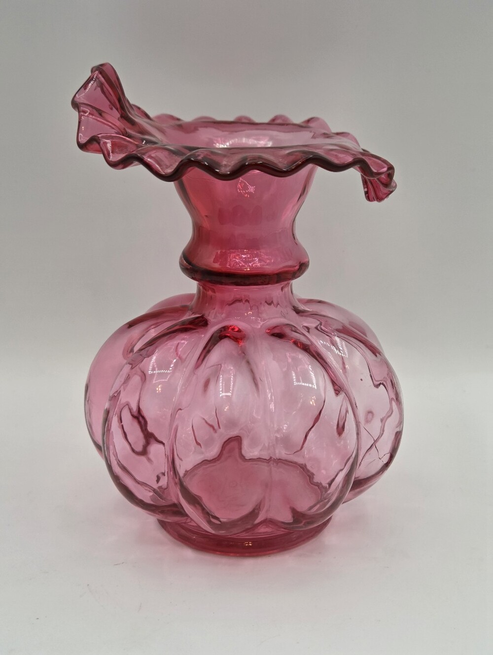 Vintage Fenton Cranberry Pink Ruffle Top Melon Vase